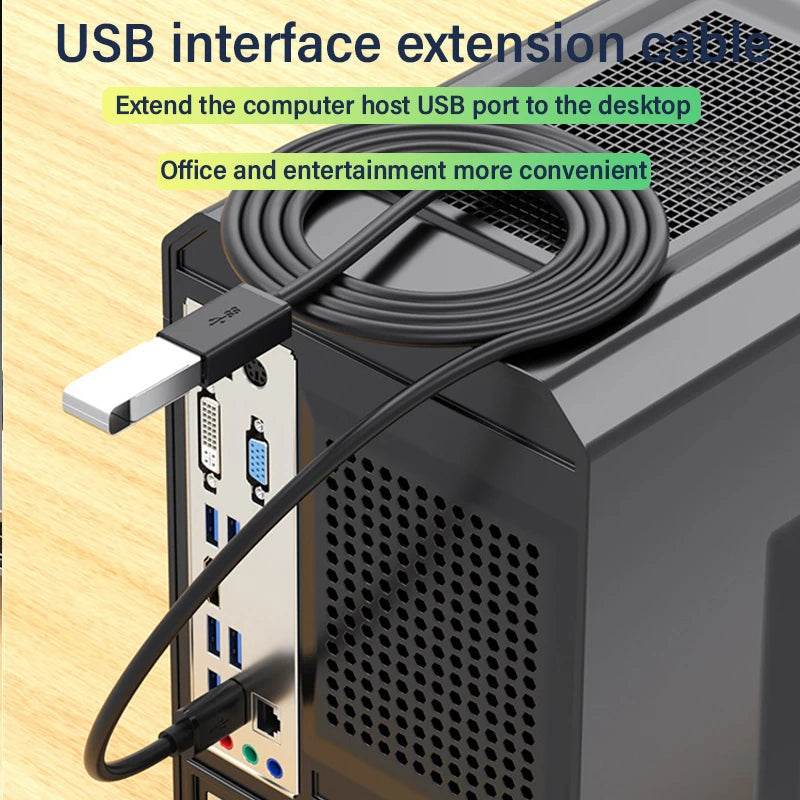 Black USB 3.0 extension cable with male and female connectors plugged into a desktop computer USB port.