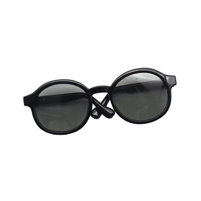 Black round plastic mini doll sunglasses with dark tinted lenses and thin frames.
