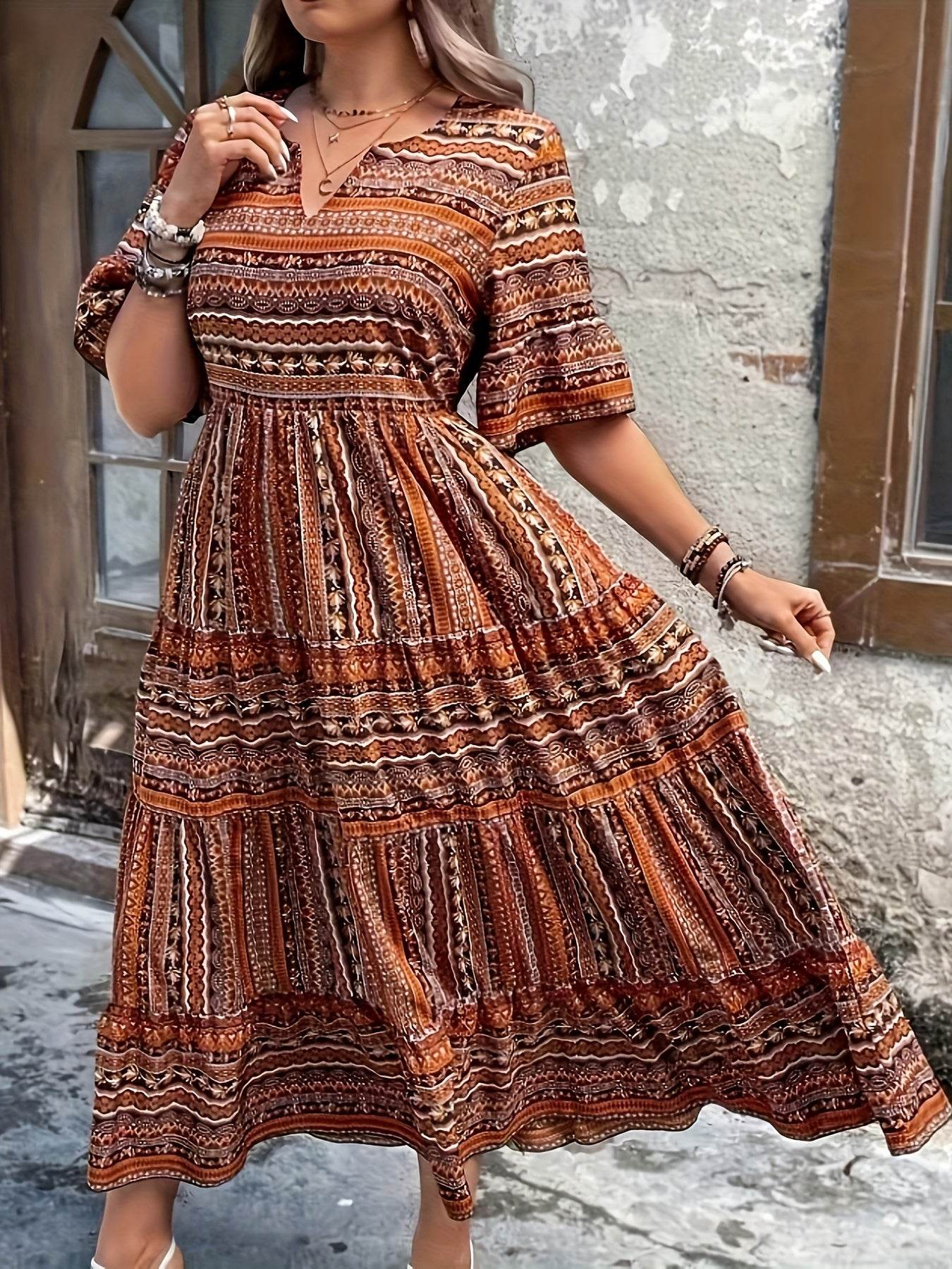 Plus Size All Over Print Tiered Dress, Vacation Notch Neck Short Sleeve Dress, Women's Plus Size Clothing - My Chroma Cart