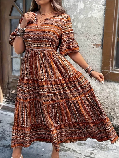 Plus Size All Over Print Tiered Dress, Vacation Notch Neck Short Sleeve Dress, Women's Plus Size Clothing - My Chroma Cart