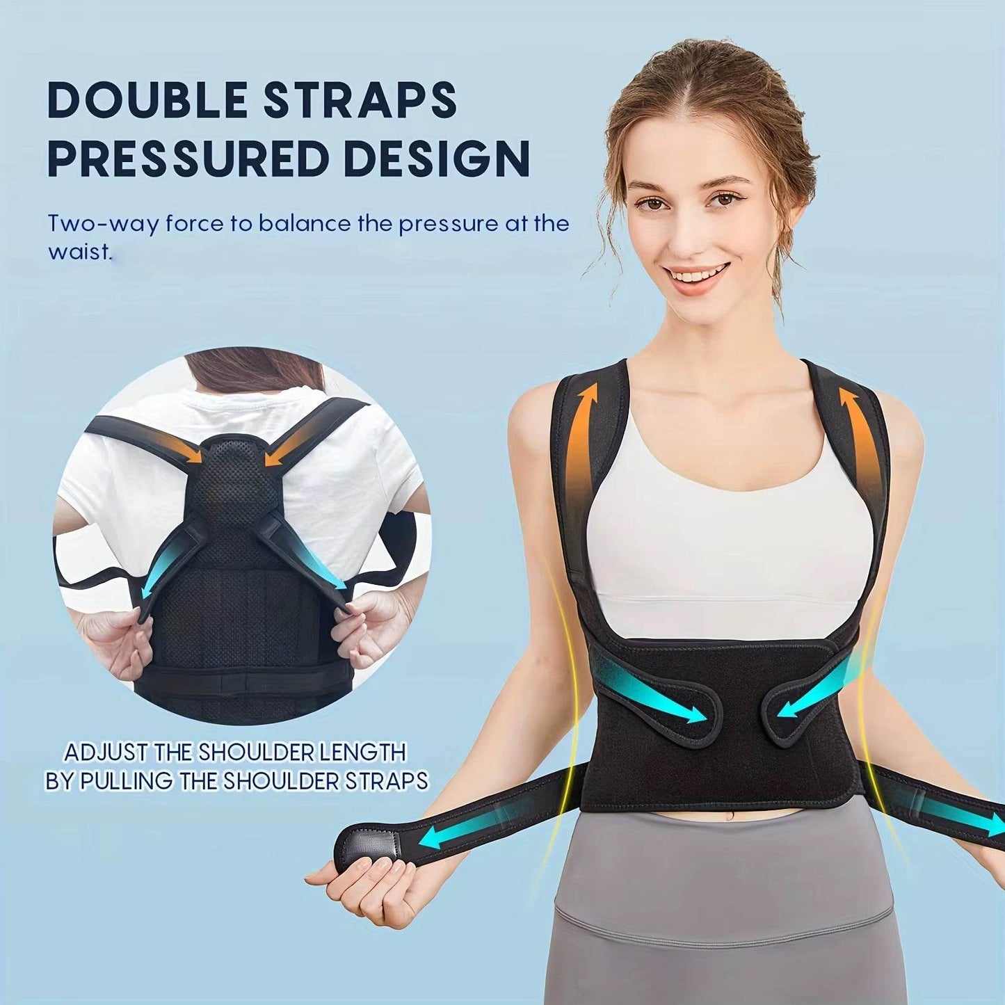 Adjustable black back brace with double shoulder straps on woman in white tank top and gray leggings.