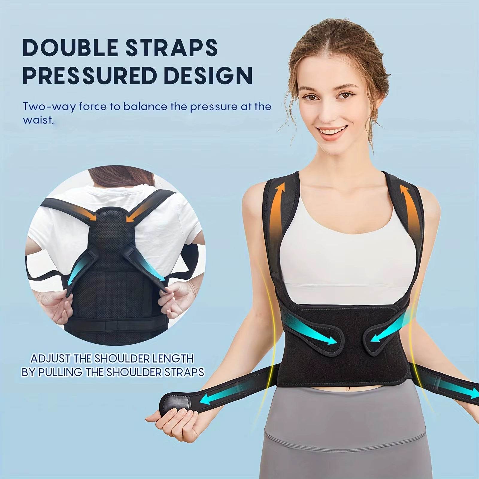 Adjustable black back brace with double shoulder straps on woman in white tank top and gray leggings.