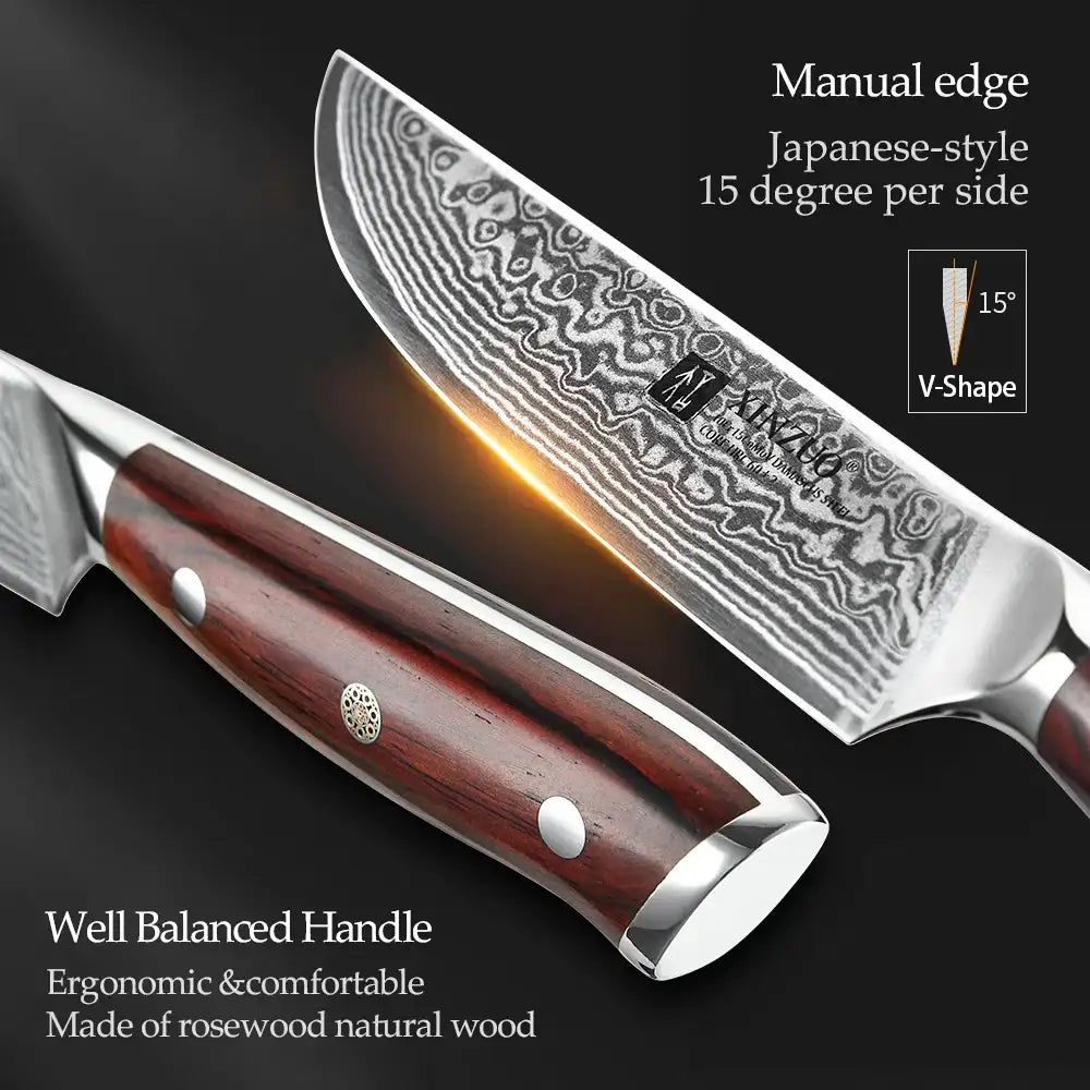 XINZUO 5'' Inch Steak Knife Damascus VG10 Steel Kitchen Knives High Quality Cutter Tools Utility Knife with Rosewood Handle