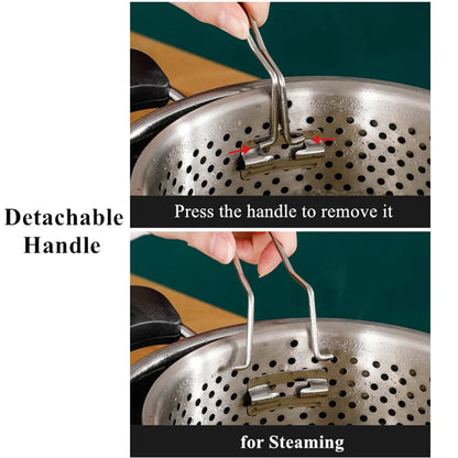 Metal steamer basket with detachable handle being demonstrated