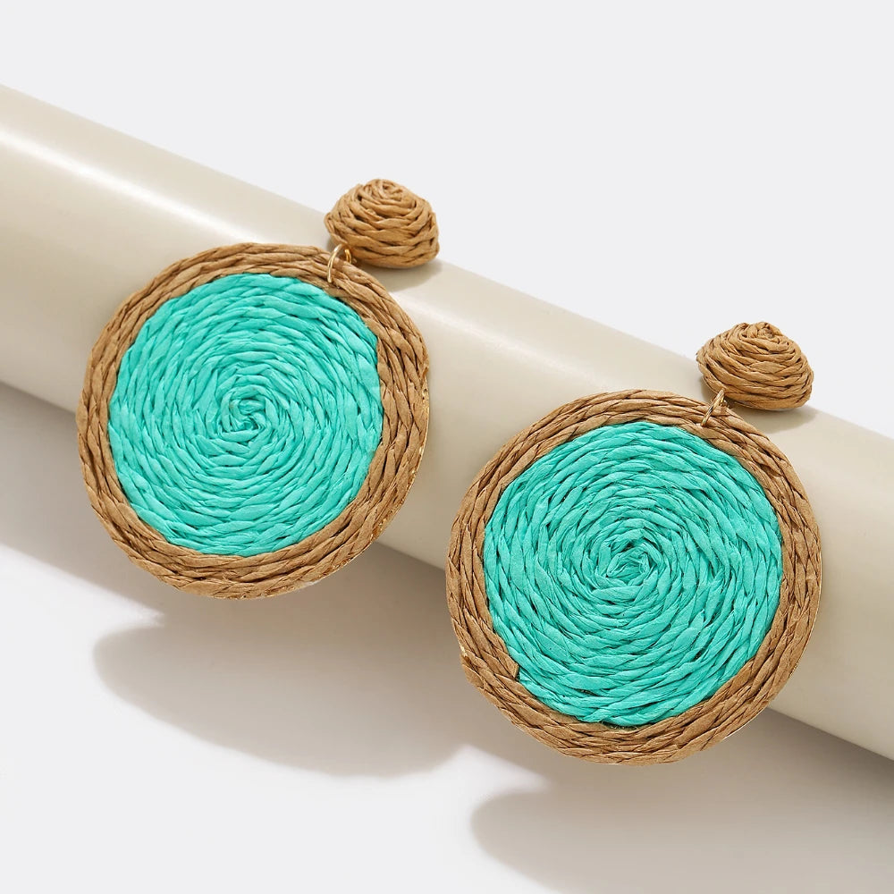 Bohemian Rattan Earrings Straw Wicker Braid Colorful Raffia Round Drop Dangle Earrings for Women Summer Beach Jewelry
