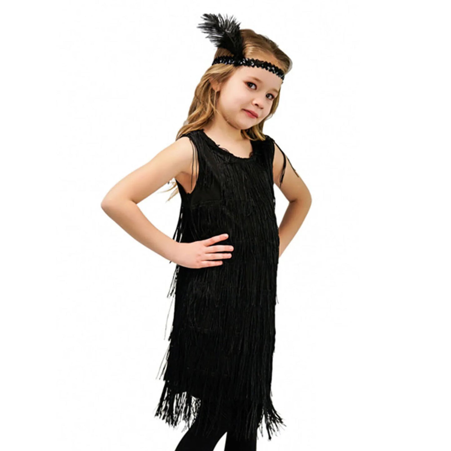 Young girl wearing a black fringe dress and headband on a white background