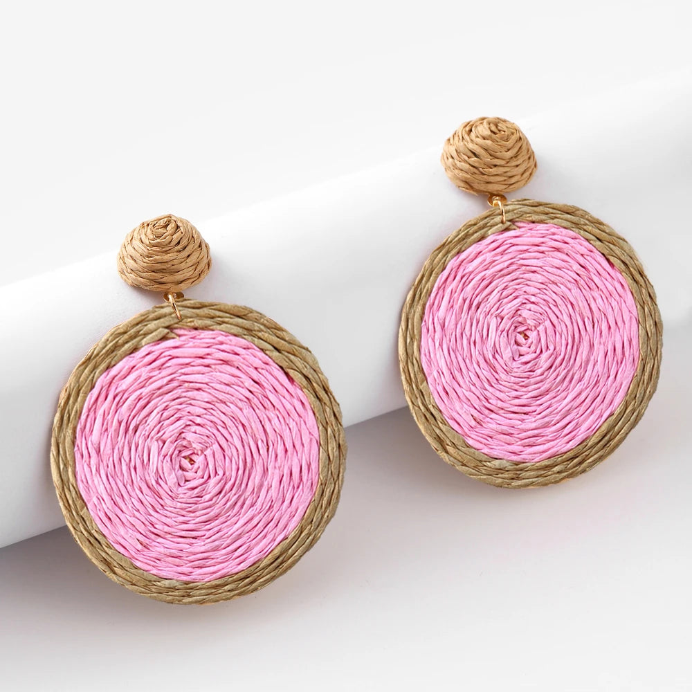 Bohemian Rattan Earrings Straw Wicker Braid Colorful Raffia Round Drop Dangle Earrings for Women Summer Beach Jewelry
