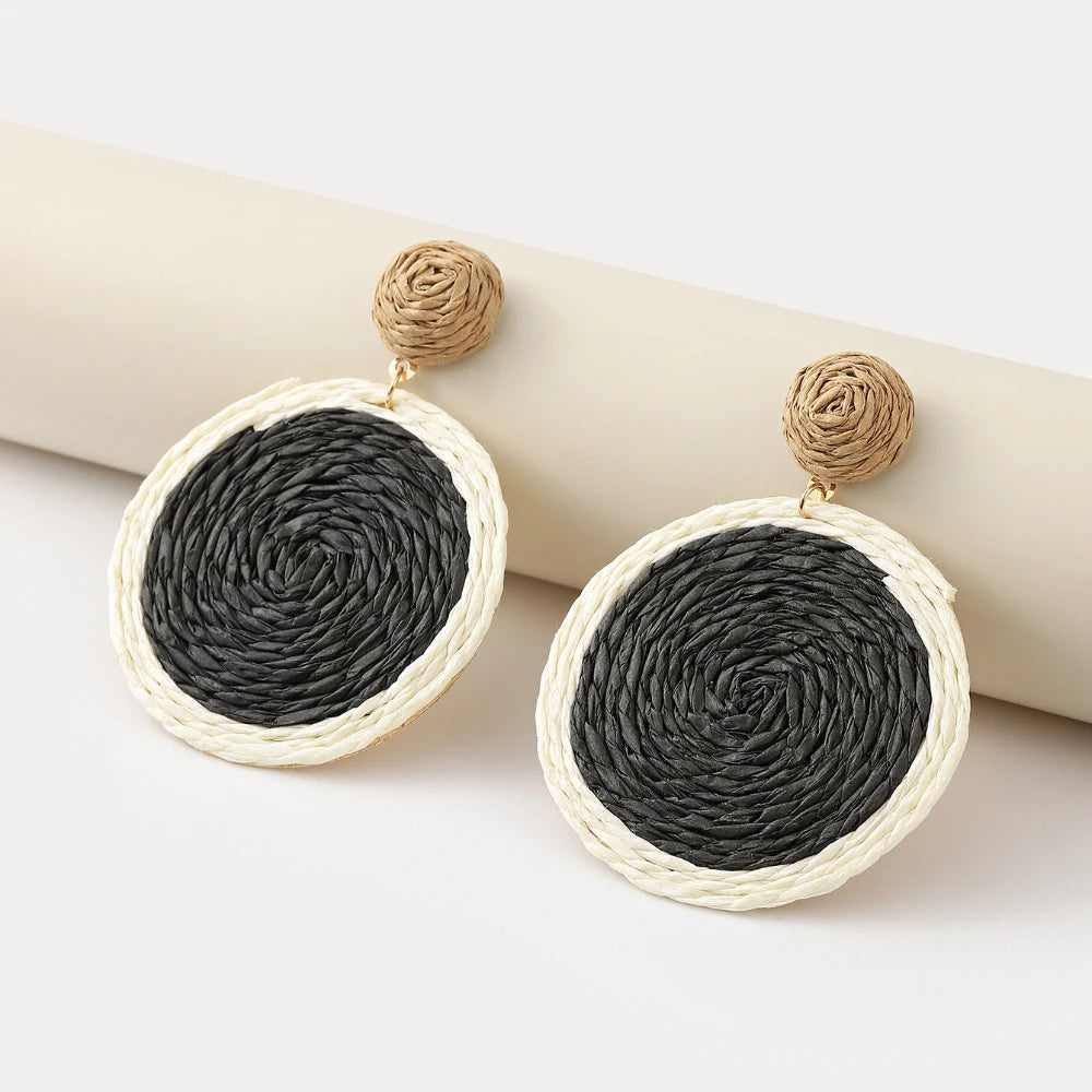 Bohemian Rattan Earrings Straw Wicker Braid Colorful Raffia Round Drop Dangle Earrings for Women Summer Beach Jewelry