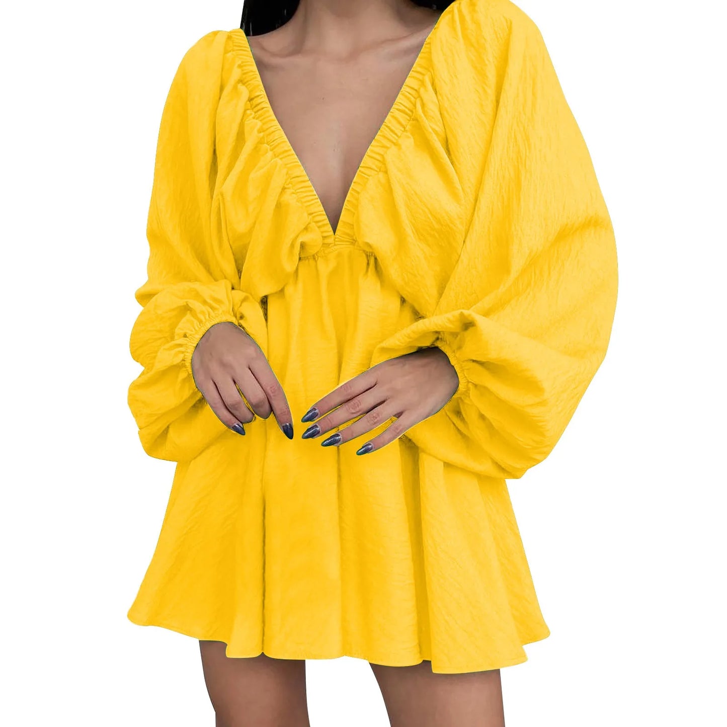 Deep V Pleated Long Sleeve Dress
