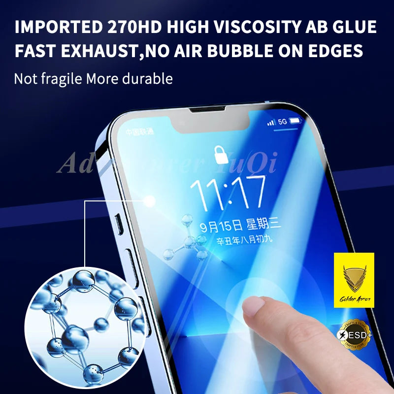 Smartphone with screen protector being applied, highlighting features on a dark blue background.