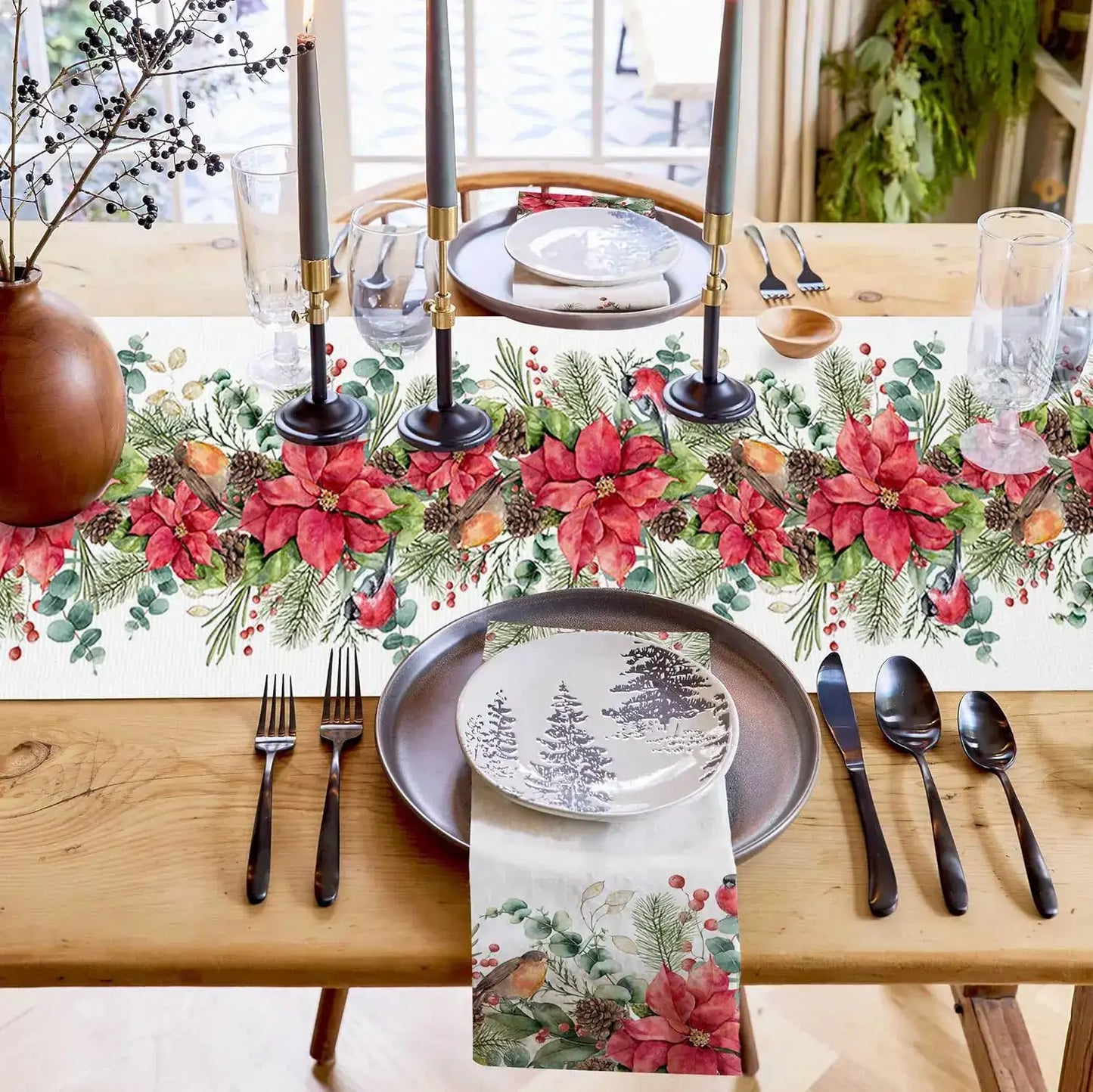 Christmas Poinsettia Bird Pine Cone Linen Table Runner Dresser Scarves Winter Xmas Kitchen Table Runner Christmas Decorations