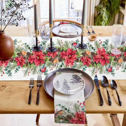 Christmas Poinsettia Bird Pine Cone Linen Table Runner Dresser Scarves Winter Xmas Kitchen Table Runner Christmas Decorations