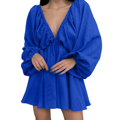 Deep V Pleated Long Sleeve Dress