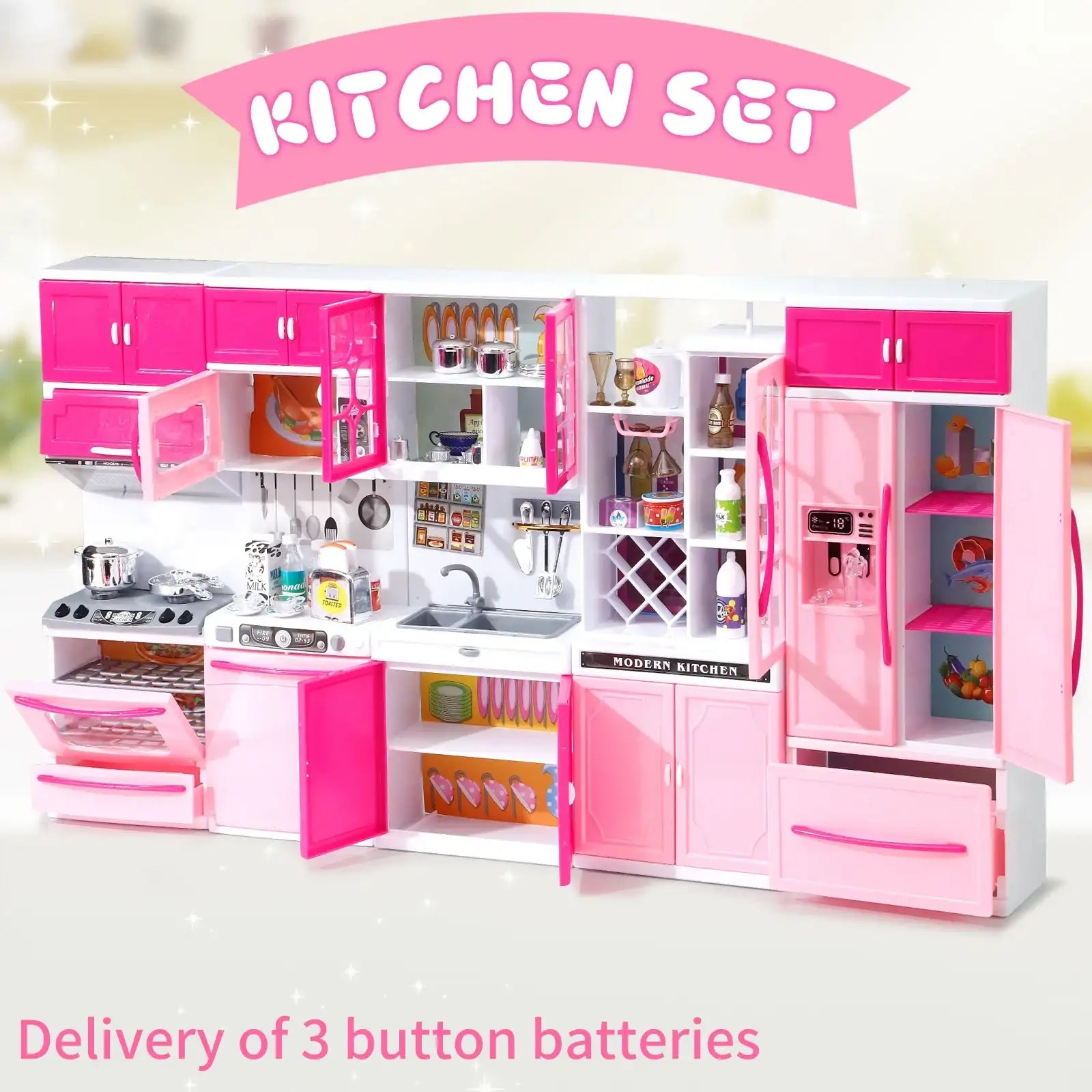 Pink Kitchen Combo Pretend Play 5-Piece Toy Set with Lights and Sounds, For Girls, Christmas/Halloween/Thanksgiving/New Year