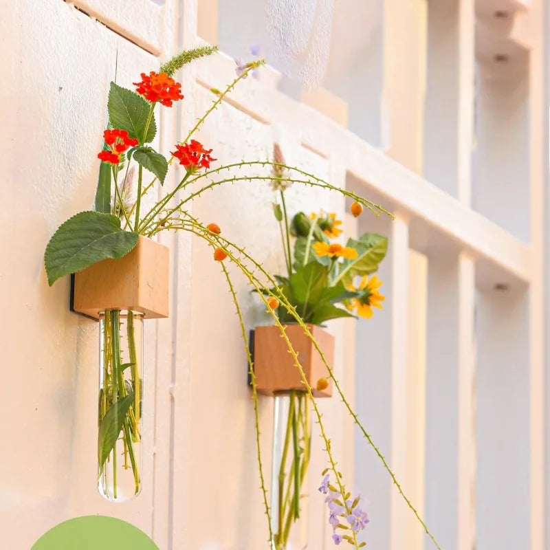 Wood Test Tube Vase Magnetic Flower Decor