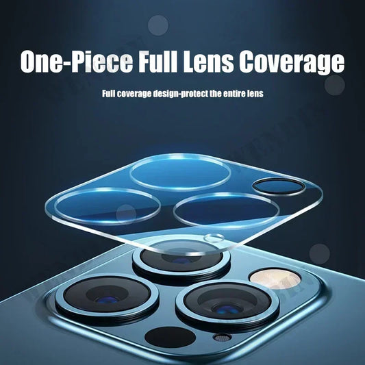 Phone camera lens protector with 'One-Piece Full Lens Coverage' text on a dark background