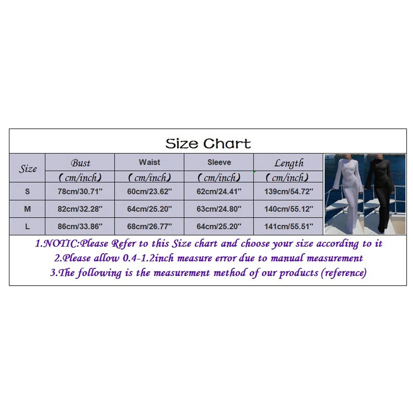 Size chart for clothing with measurements and a reference image of a person wearing the garment.