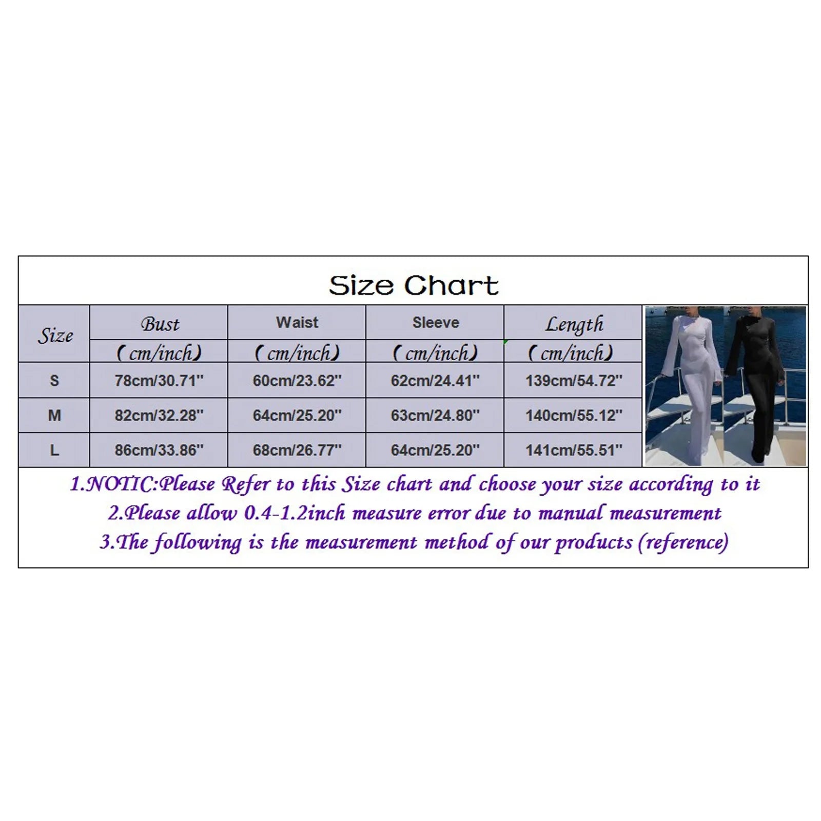 Size chart for clothing with measurements and a reference image of a person wearing the garment.