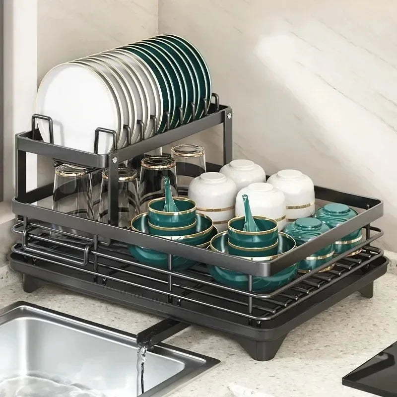 Kitchen Dish Drying Rack with Drainboard & Storage