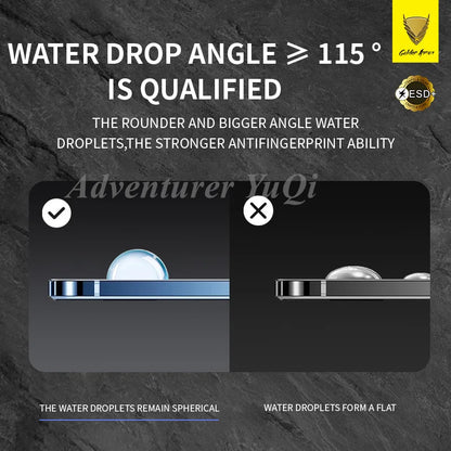 Advertisement showcasing water droplet angle qualification with text and graphics on a dark background.