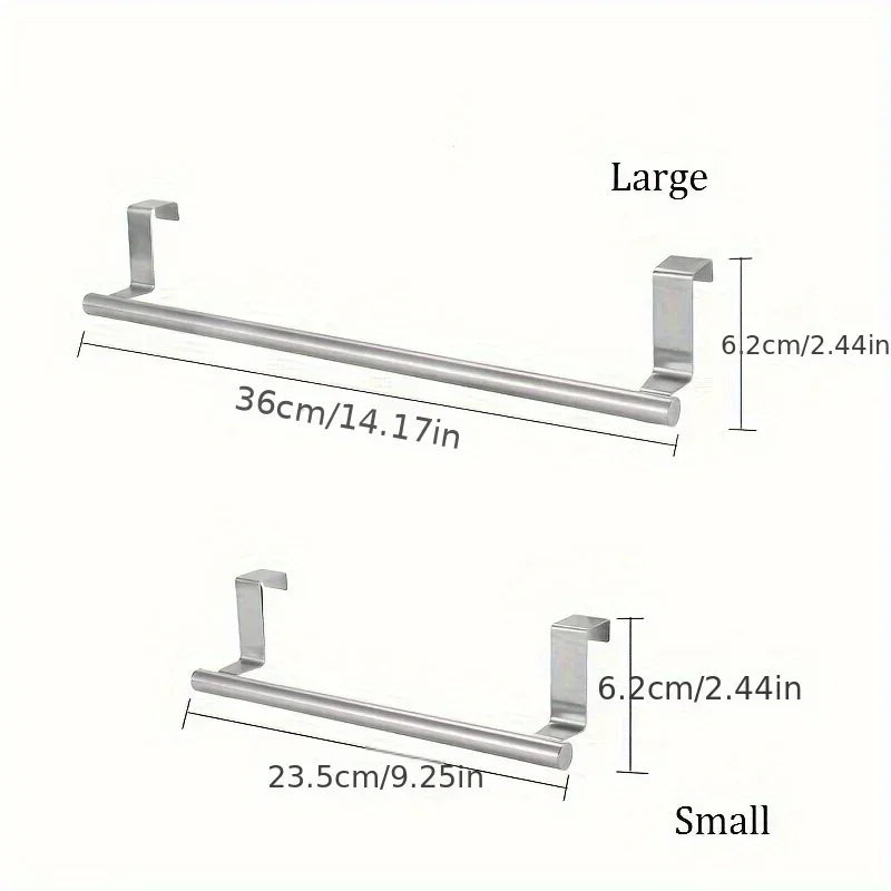 Towel bar with measurements for large and small sizes on a white background