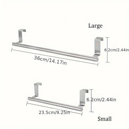 Towel bar with measurements for large and small sizes on a white background
