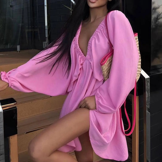 Deep V Pleated Long Sleeve Dress