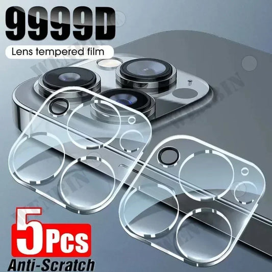 Camera lens protector with '9999D' branding and '5 PCS Anti-Scratch' text on a gray background.