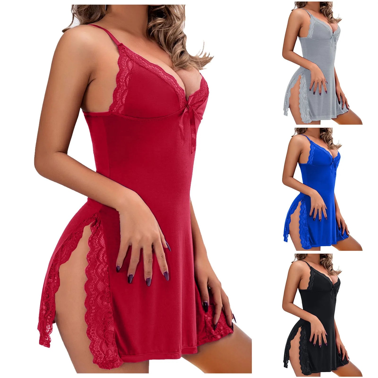 Red lace nightgown with a model wearing it, surrounded by other color options on a white background.