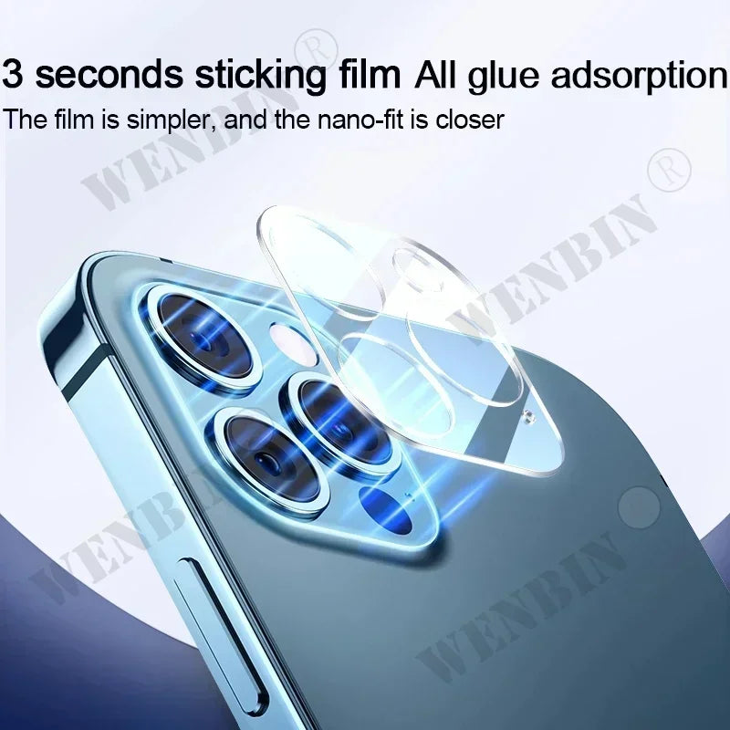 Phone screen protector with text about quick sticking time and adhesive strength, branded 'WENBIN'.