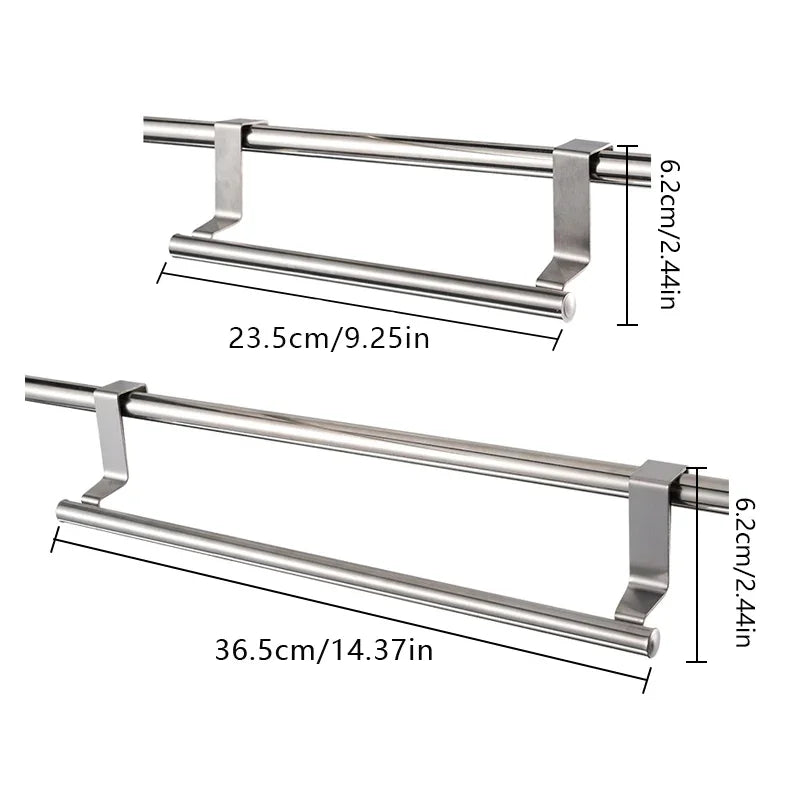 Stainless steel towel bar with dimensions on a white background