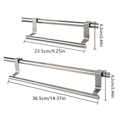 Stainless steel towel bar with dimensions on a white background