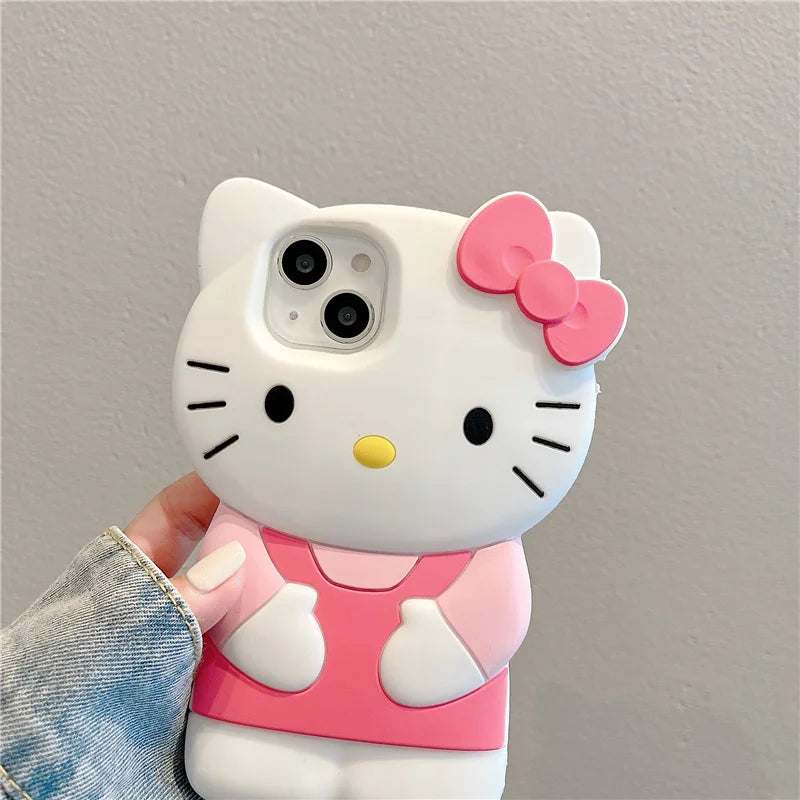 Phone case shaped like a cartoon character with a pink bow on a gray background