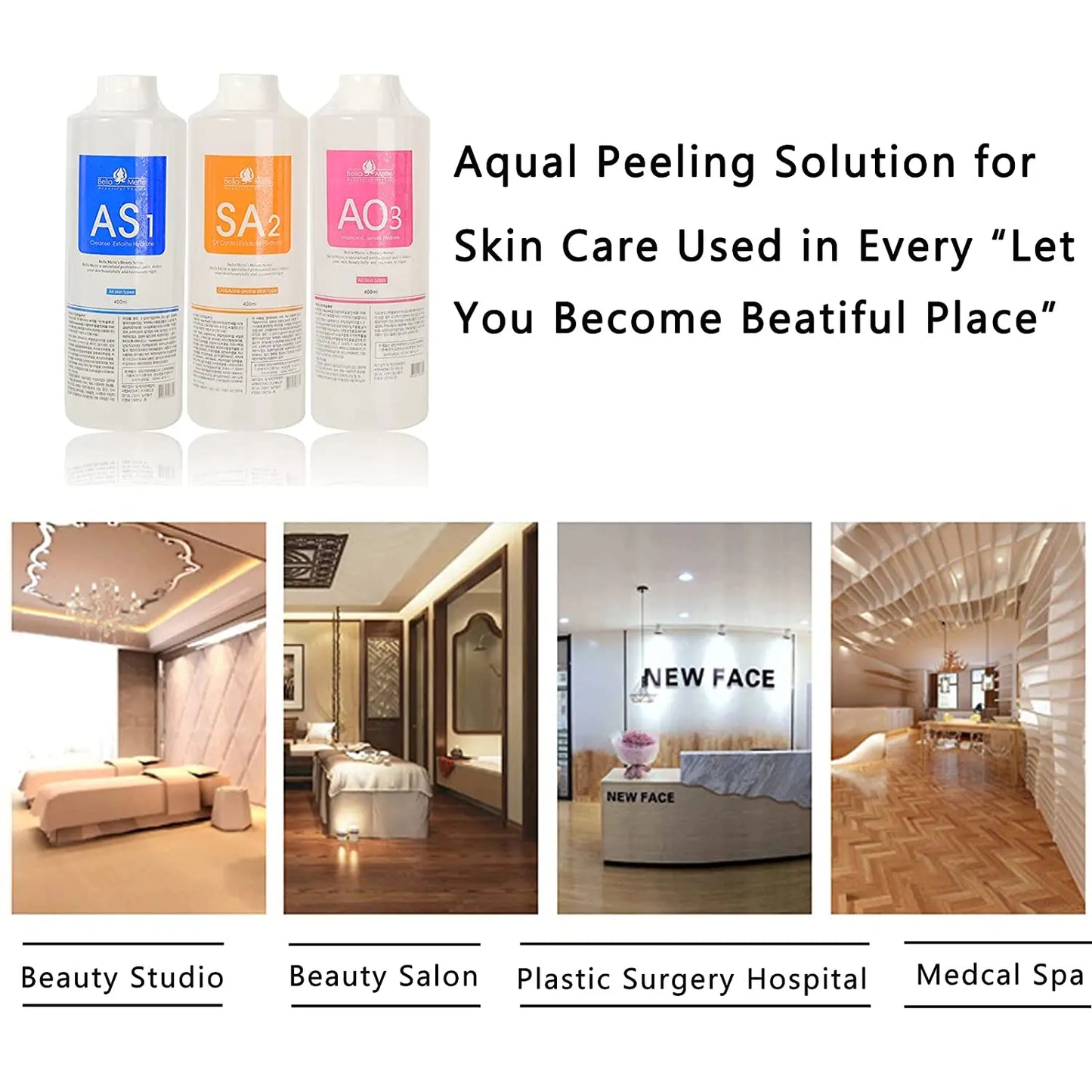 Three bottles of Aqual Peeling Solution with images of a beauty studio, salon, hospital, and spa below.