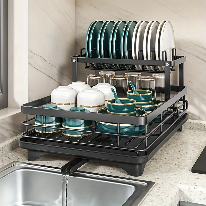 Kitchen Dish Drying Rack with Drainboard & Storage