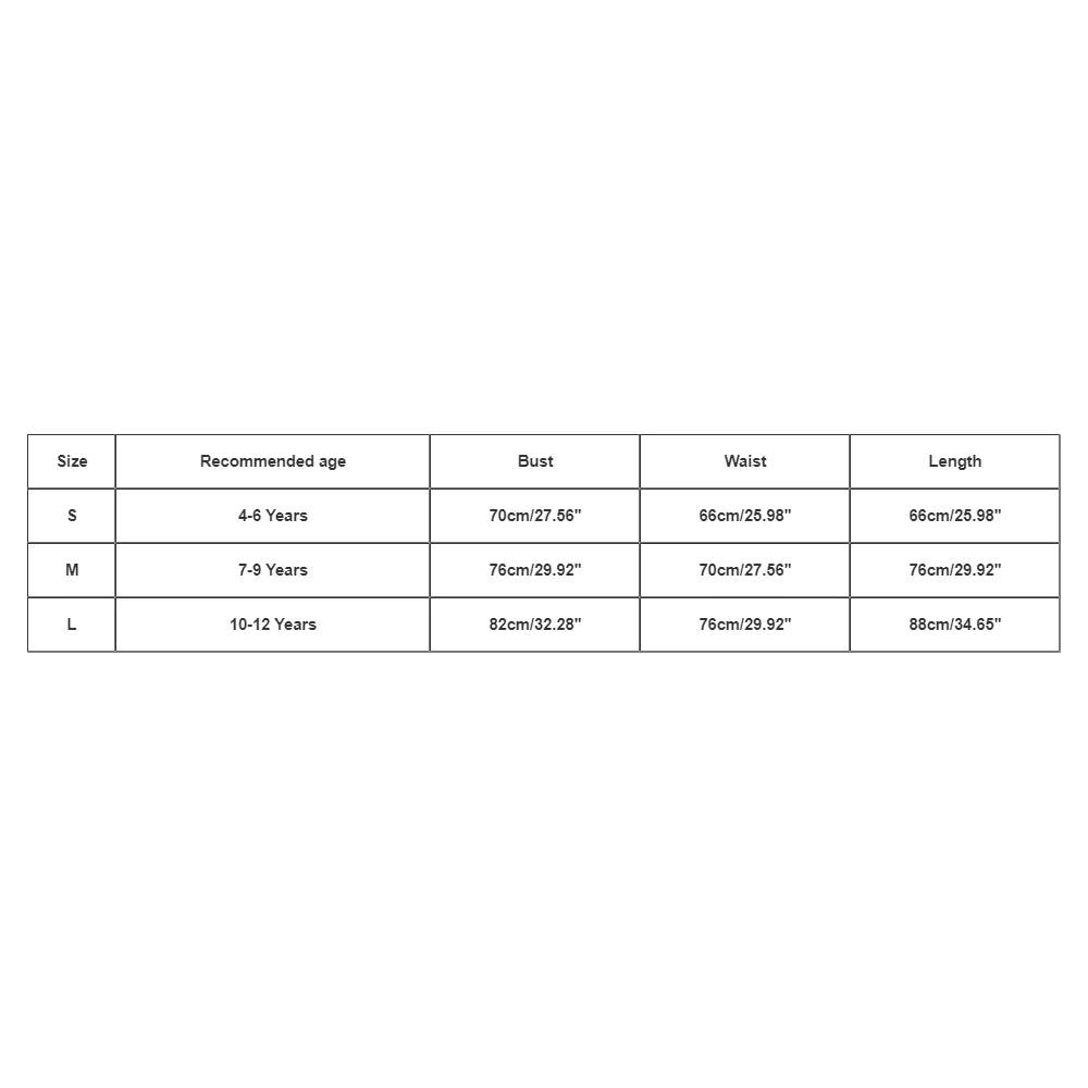 Size chart for children's clothing with measurements in centimeters and inches.