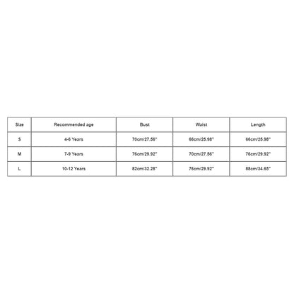 Size chart for children's clothing with measurements in centimeters and inches.