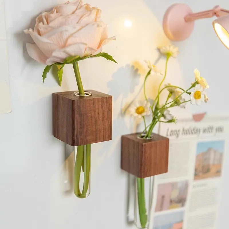 Wood Test Tube Vase Magnetic Flower Decor