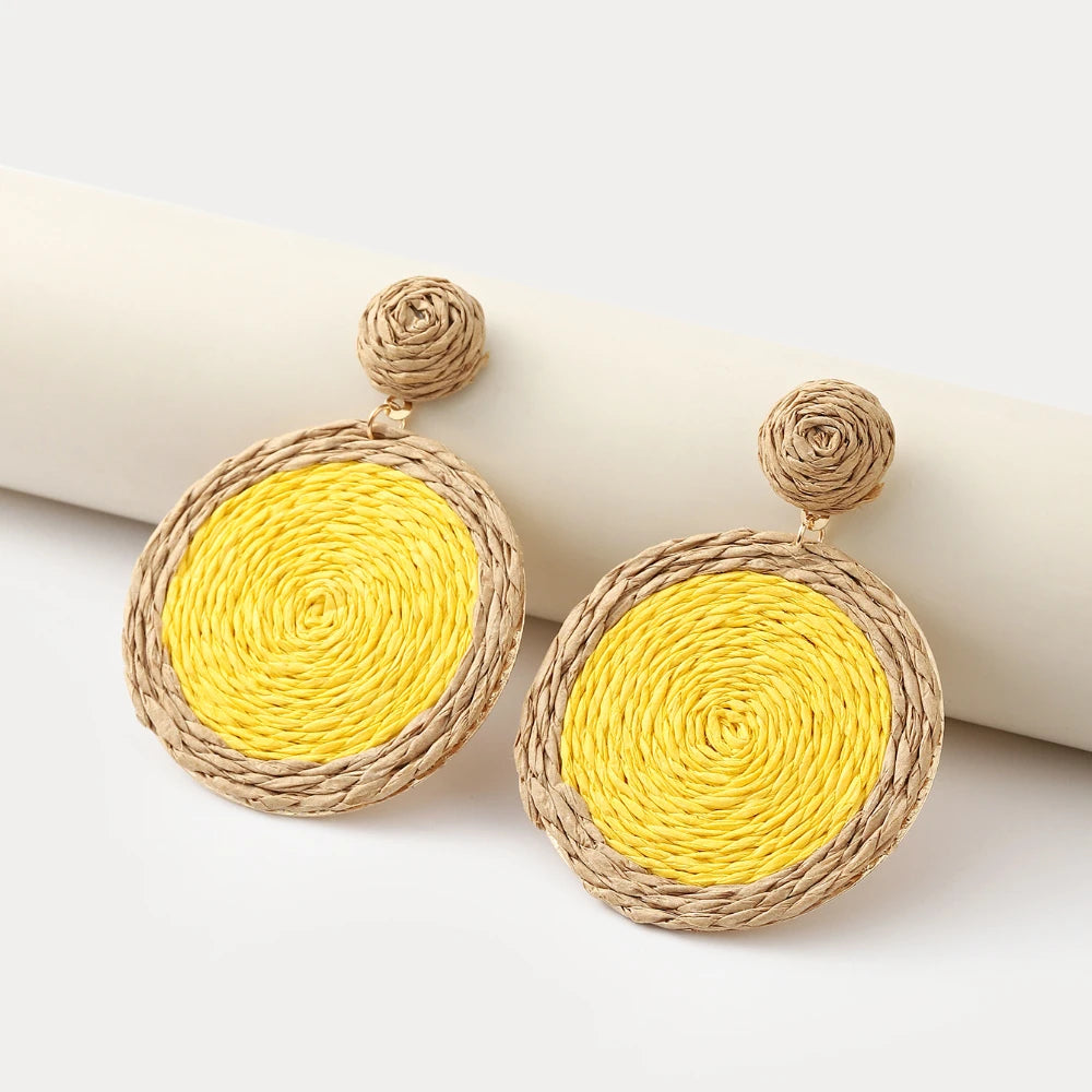 Bohemian Rattan Earrings Straw Wicker Braid Colorful Raffia Round Drop Dangle Earrings for Women Summer Beach Jewelry