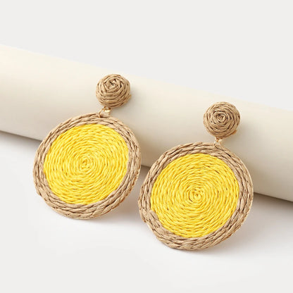 Bohemian Rattan Earrings Straw Wicker Braid Colorful Raffia Round Drop Dangle Earrings for Women Summer Beach Jewelry