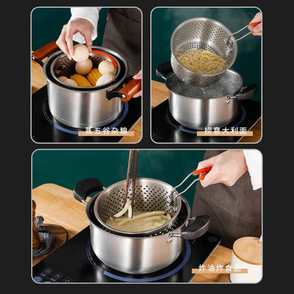 Collage of a person cooking eggs, pasta, and frying food using a stainless steel pot on a stove.