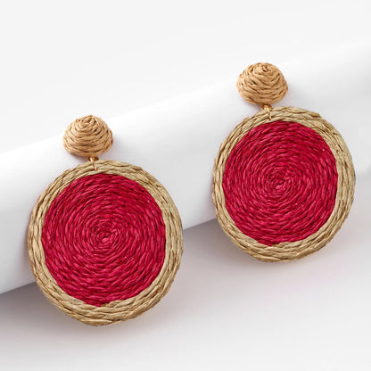 Bohemian Rattan Earrings Straw Wicker Braid Colorful Raffia Round Drop Dangle Earrings for Women Summer Beach Jewelry