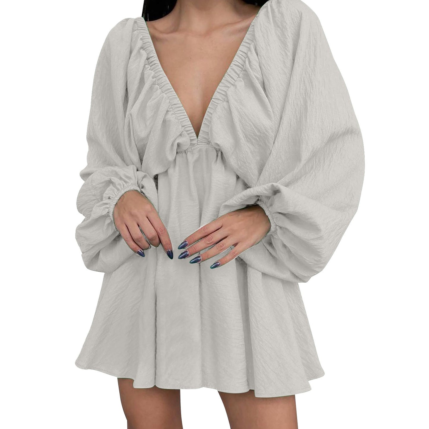 Deep V Pleated Long Sleeve Dress