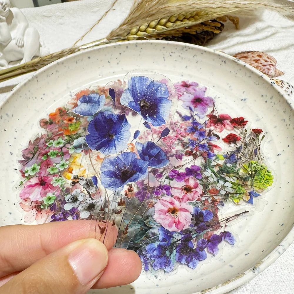 50 PCS Ink Flower Stickers Pack Waterproof Transparent PET Booklet Flower Material Decorative Guitar Notebook