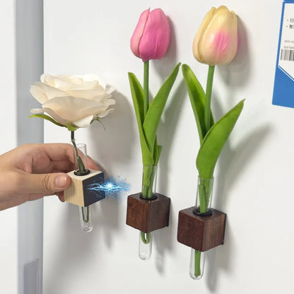 Wood Test Tube Vase Magnetic Flower Decor