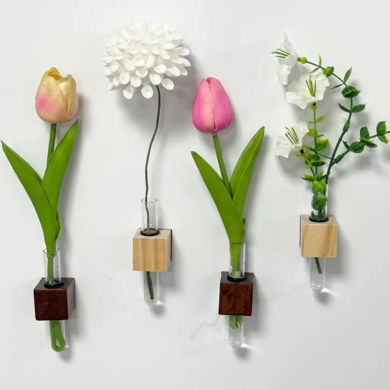 Wood Test Tube Vase Magnetic Flower Decor