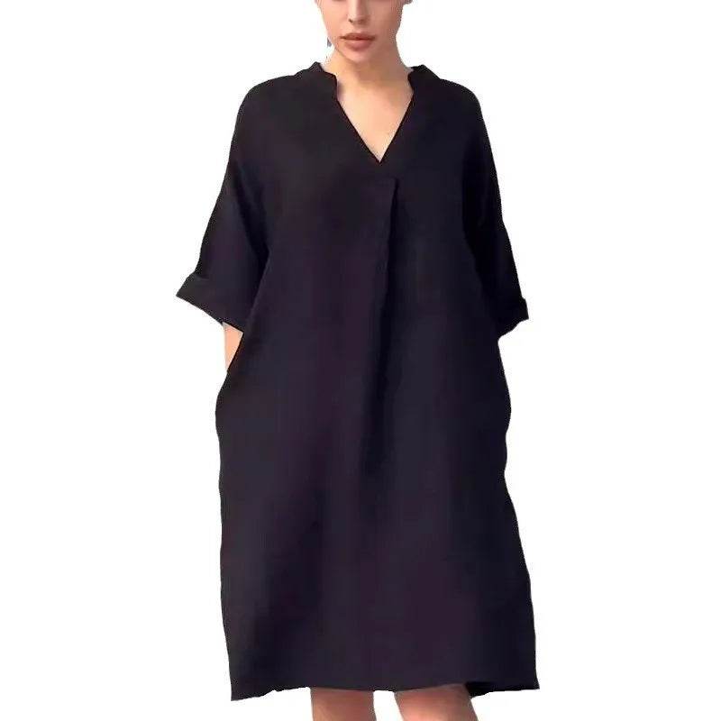 Fashion Cotton And Linen Women's V-neck Loose Dress 2025 Spring And Summer Solid Color Casual Short Sleeved Pocket Midi Dresses - My Chroma Cart