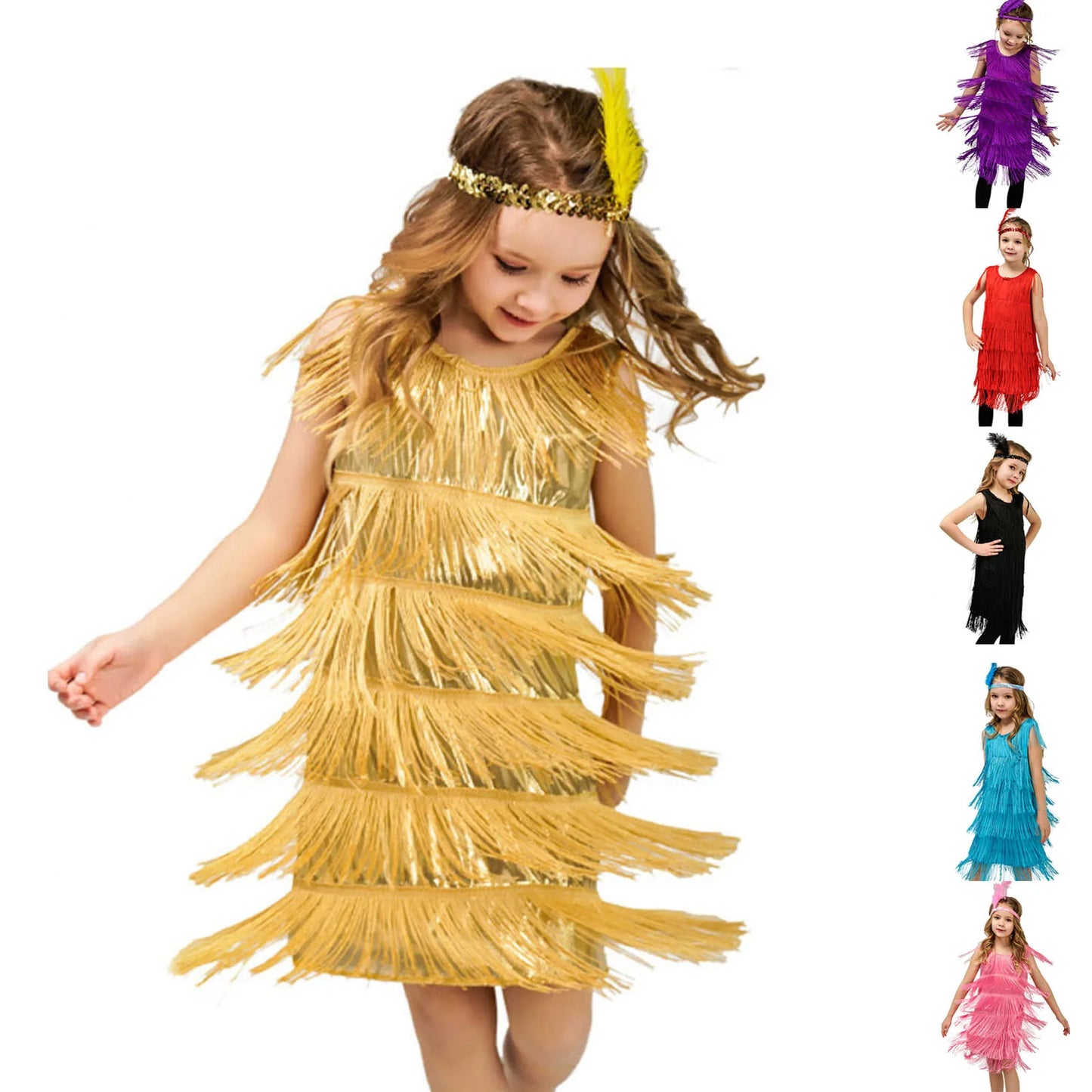 Child wearing a gold fringe dress with additional images of children in various dresses on the right.