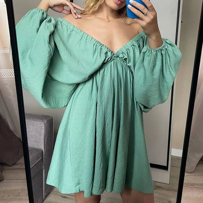 Deep V Pleated Long Sleeve Dress