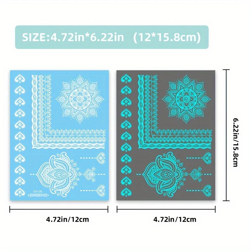 Blue Luminous Henna Tattoo Sticker Girls Tribal White Lace Lotus Tattoos Mandala Flower Fake Jewelry Pendant Temporary Tattoo